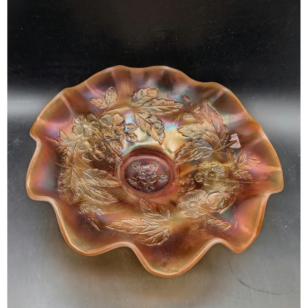 Dugan Dogwood Sprays Marigold‎ Carnival Glass Footed Ruffled Bowl 9"